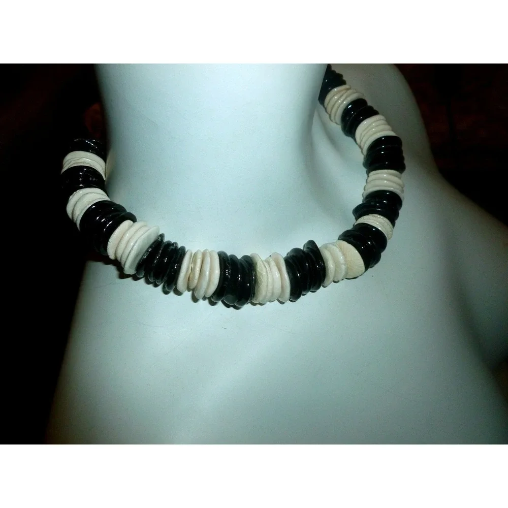 Vtg Artisan Ceramic Disc Bead Necklace‎ Black White Glazed Pottery Boho Choker